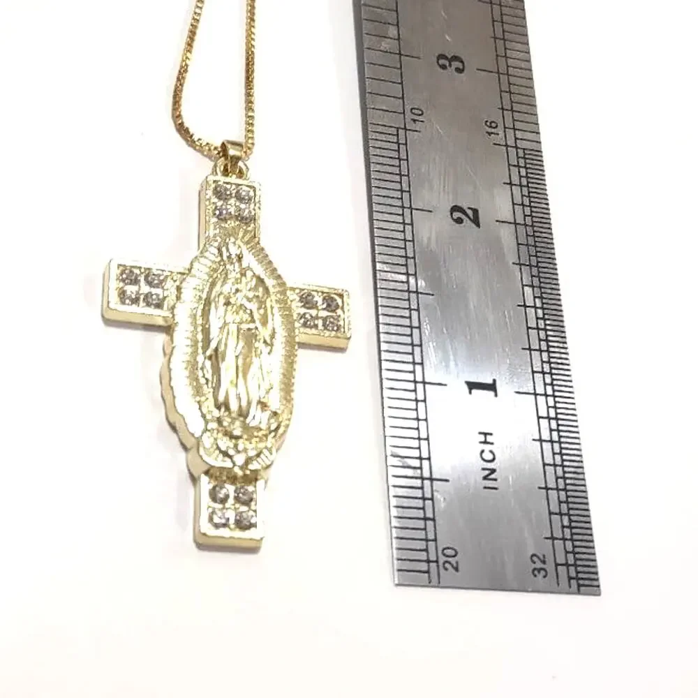 Necklace Gold Plated Silver Virgin Mother Mary Cross Gemstones Christian